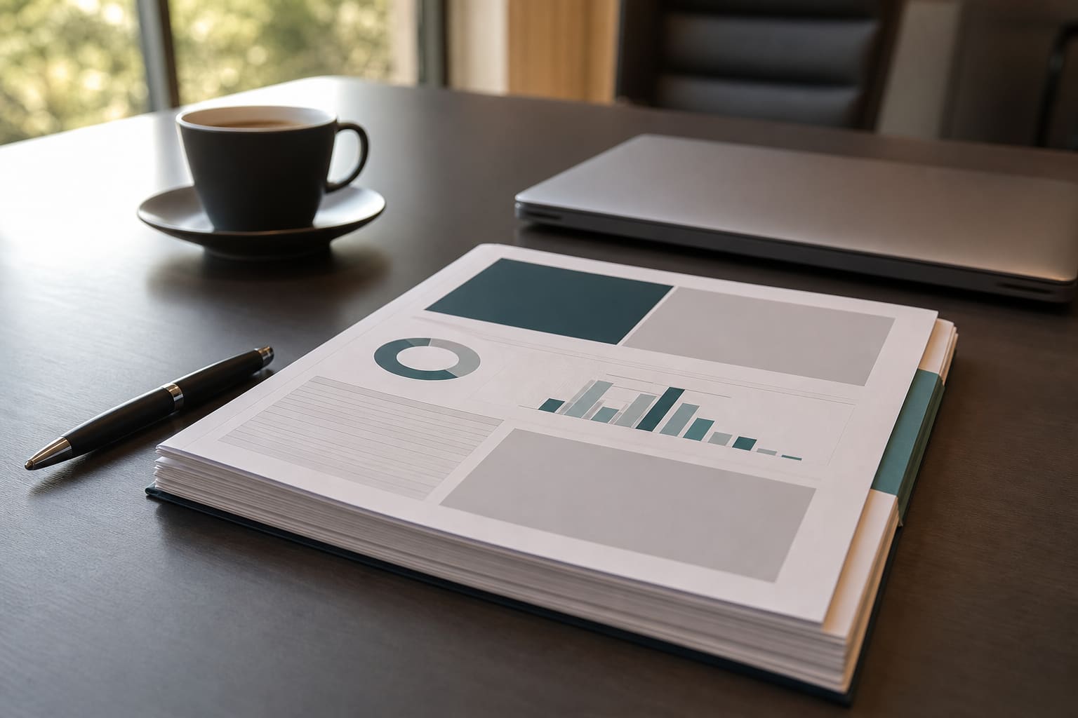 A printed executive security report on a conference table beside a pen and a coffee cup.