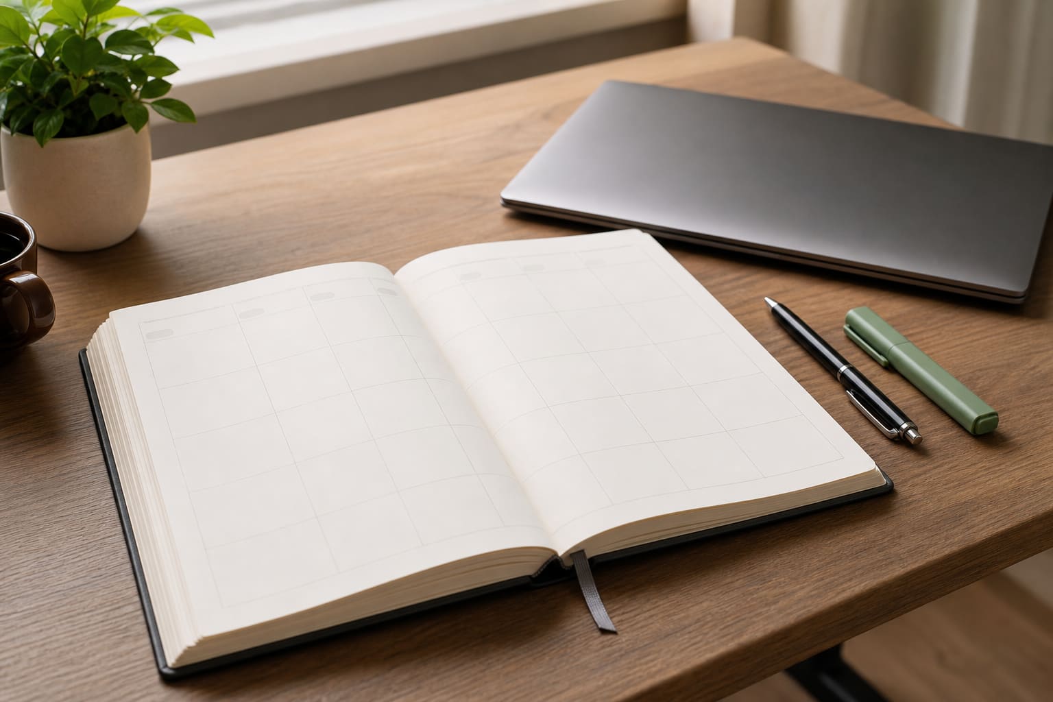 A desk calendar and meeting notes beside a laptop, marking a recurring security review.