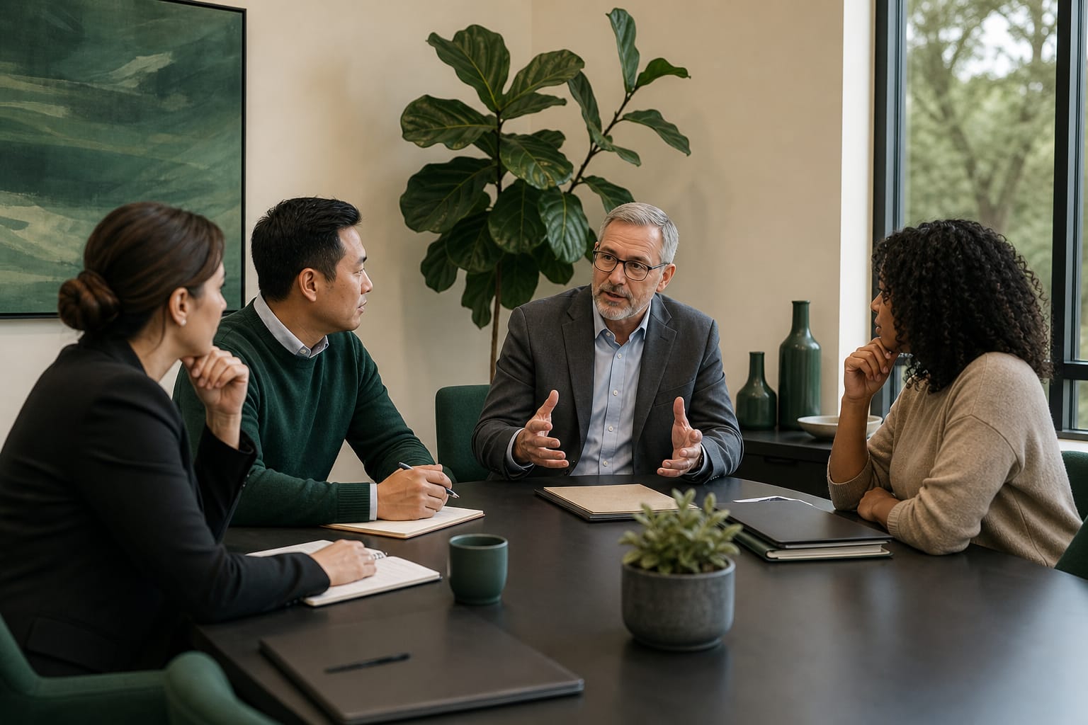 A senior security advisor guiding a calm discussion with three executives at a boardroom table.