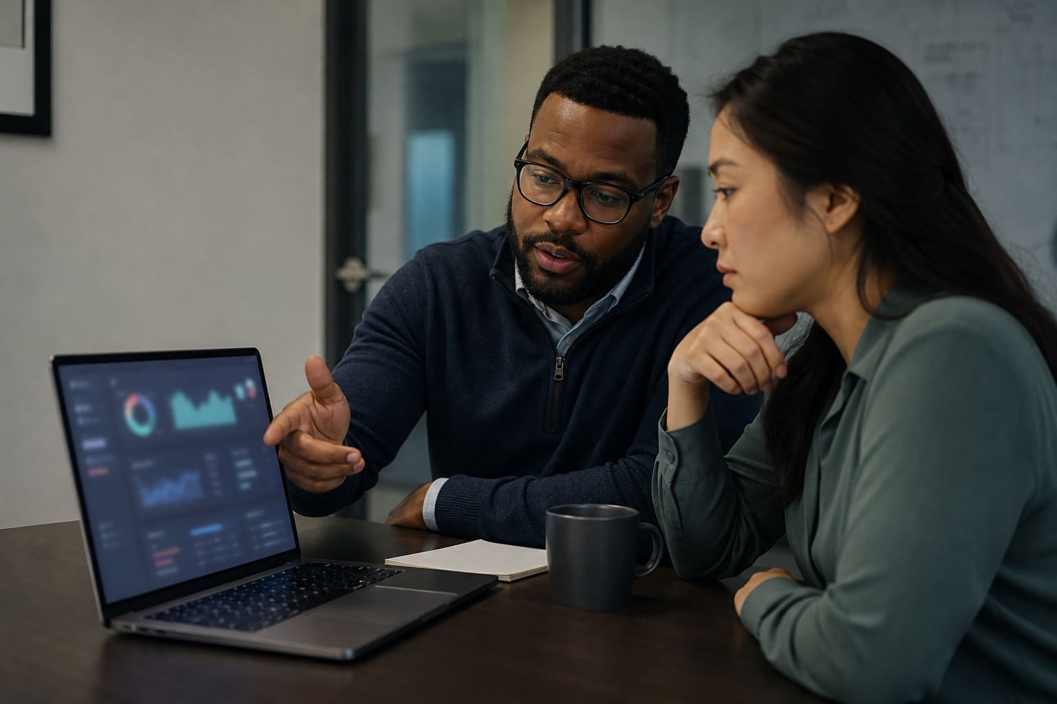 Two professionals reviewing security posture together on a laptop in a small meeting room.
