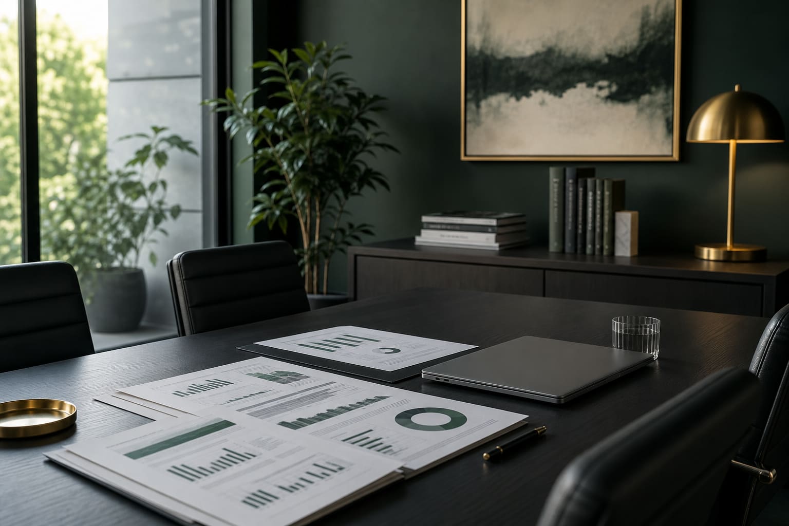 A calm consulting office corner with a conference table, report pages, and soft daylight.