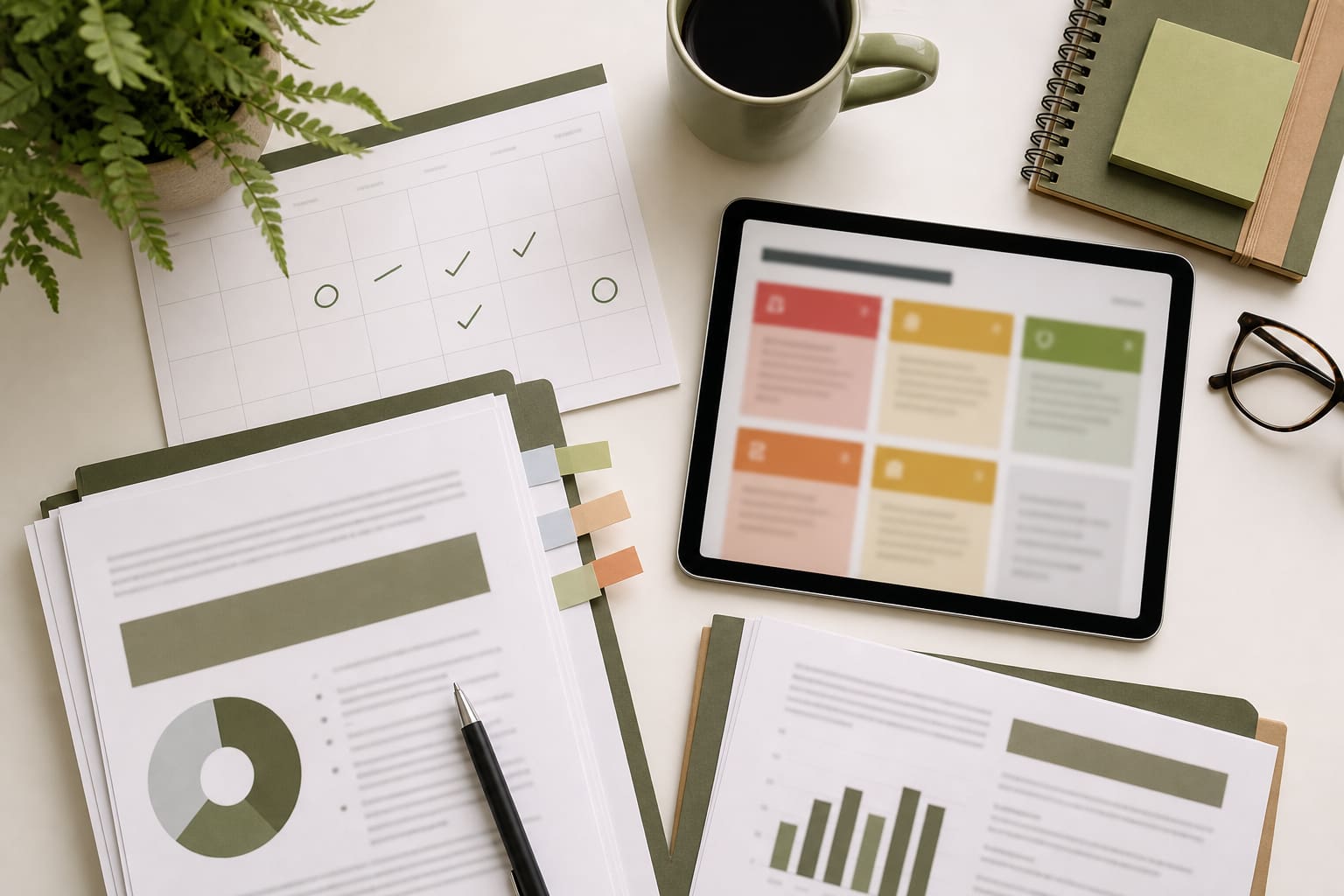 Overhead view of a vendor review workspace with document packets, a marked calendar, and a tablet.